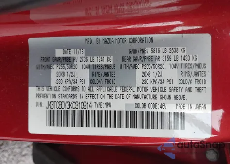 2019 Mazda Cx-9 Grand Touring z USA, uszkodzony, nr VIN JM3TCBDY3K0310914